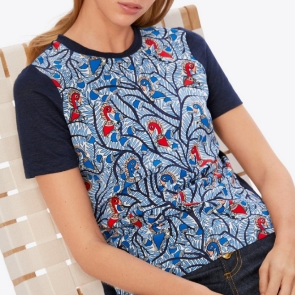 Tory Burch• Wild thing silk/linen red and blue bird print.  Sz XXS